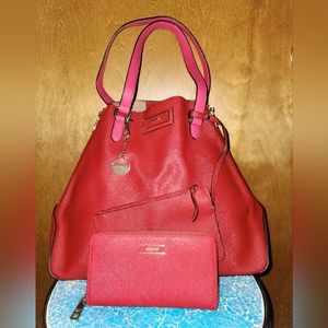 DKNY Magenta Saffiano Leather Large Side Zipper Tote and matching wallet